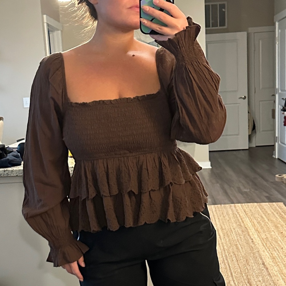 NWOT American Eagle Brown Smocked Ruffle Top